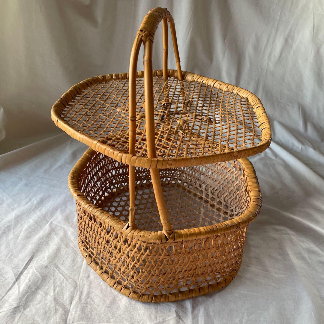 竹かご　竹細工　持ち手つき　蓋つき　古道具