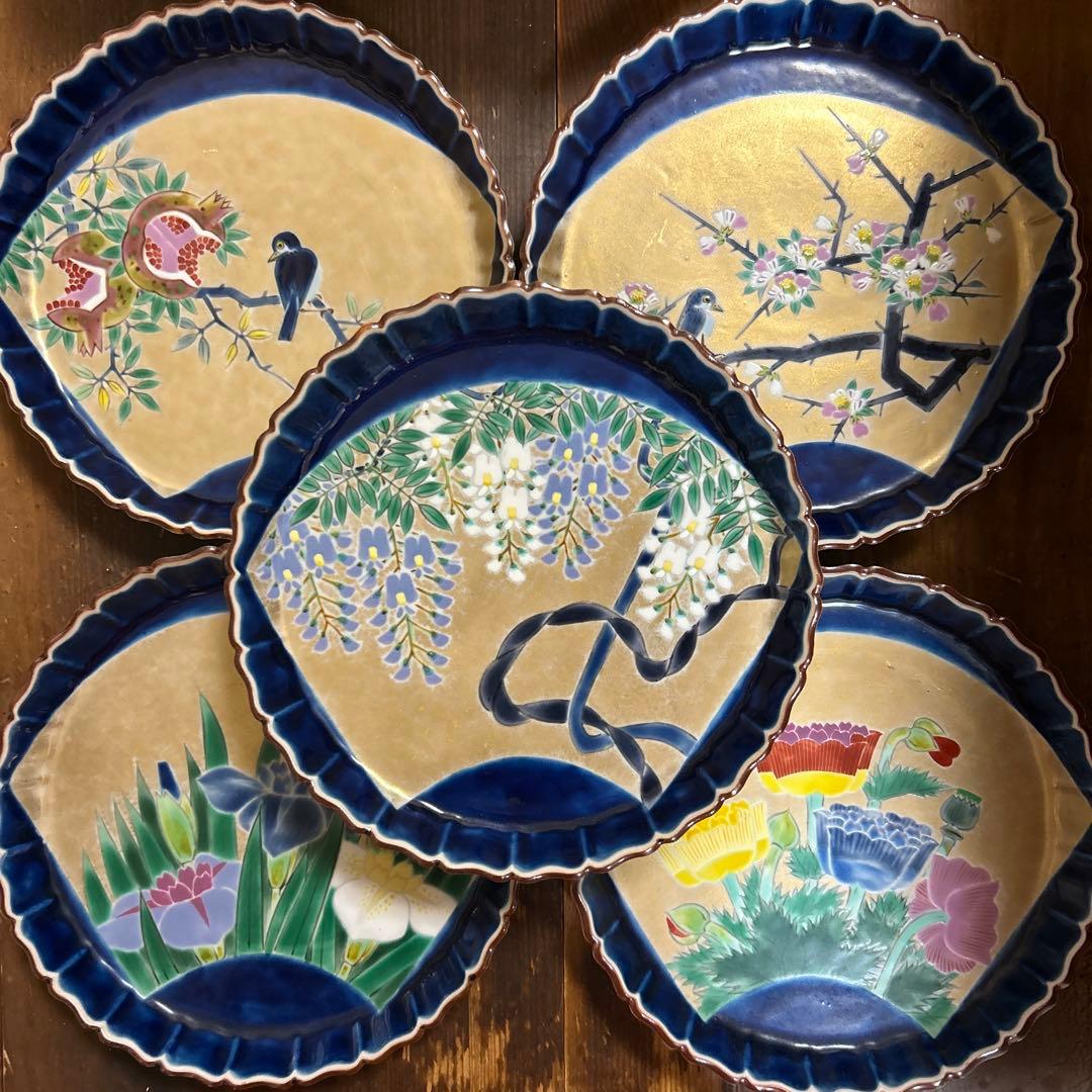 九谷焼　名工　藤村正美　扇面花鳥　金彩　手描き　銘々皿　季節の飾り皿　正月　お節