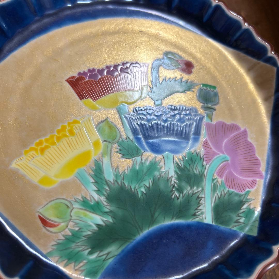 九谷焼　名工　藤村正美　扇面花鳥　金彩　手描き　銘々皿　季節の飾り皿　正月　お節