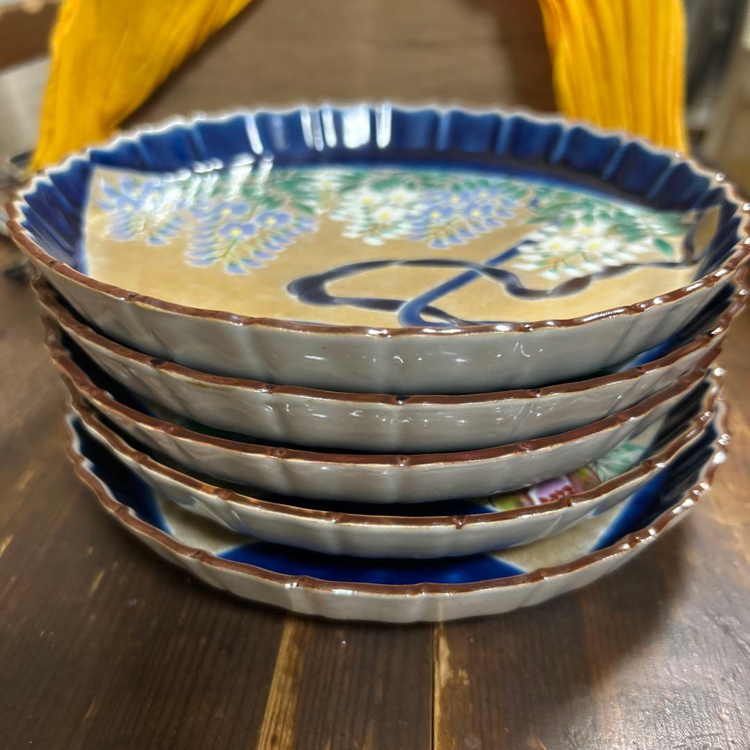 九谷焼　名工　藤村正美　扇面花鳥　金彩　手描き　銘々皿　季節の飾り皿　正月　お節