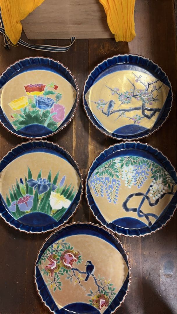 九谷焼　名工　藤村正美　扇面花鳥　金彩　手描き　銘々皿　季節の飾り皿　正月　お節