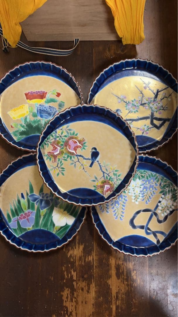 九谷焼　名工　藤村正美　扇面花鳥　金彩　手描き　銘々皿　季節の飾り皿　正月　お節