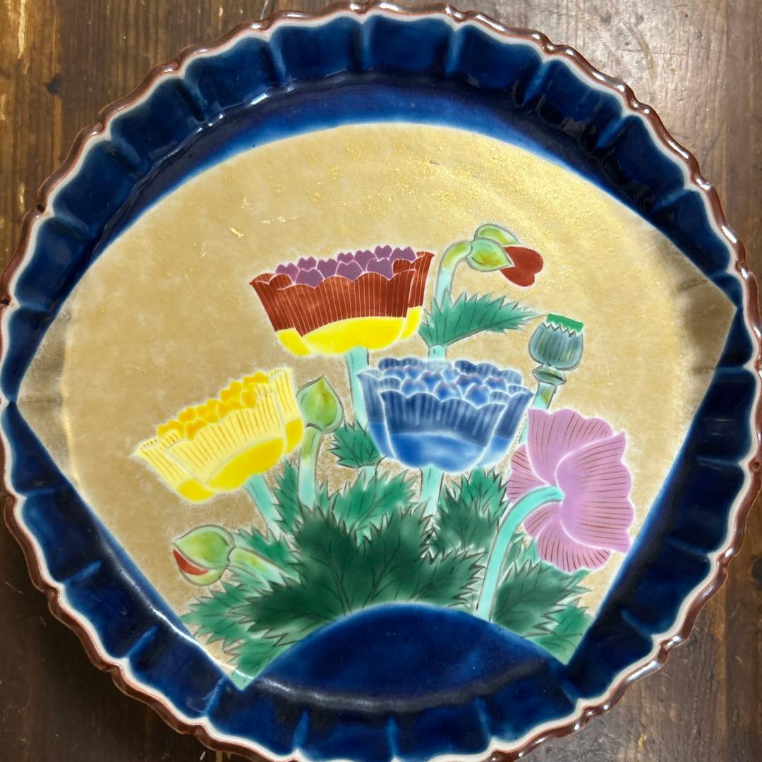 九谷焼　名工　藤村正美　扇面花鳥　金彩　手描き　銘々皿　季節の飾り皿　正月　お節
