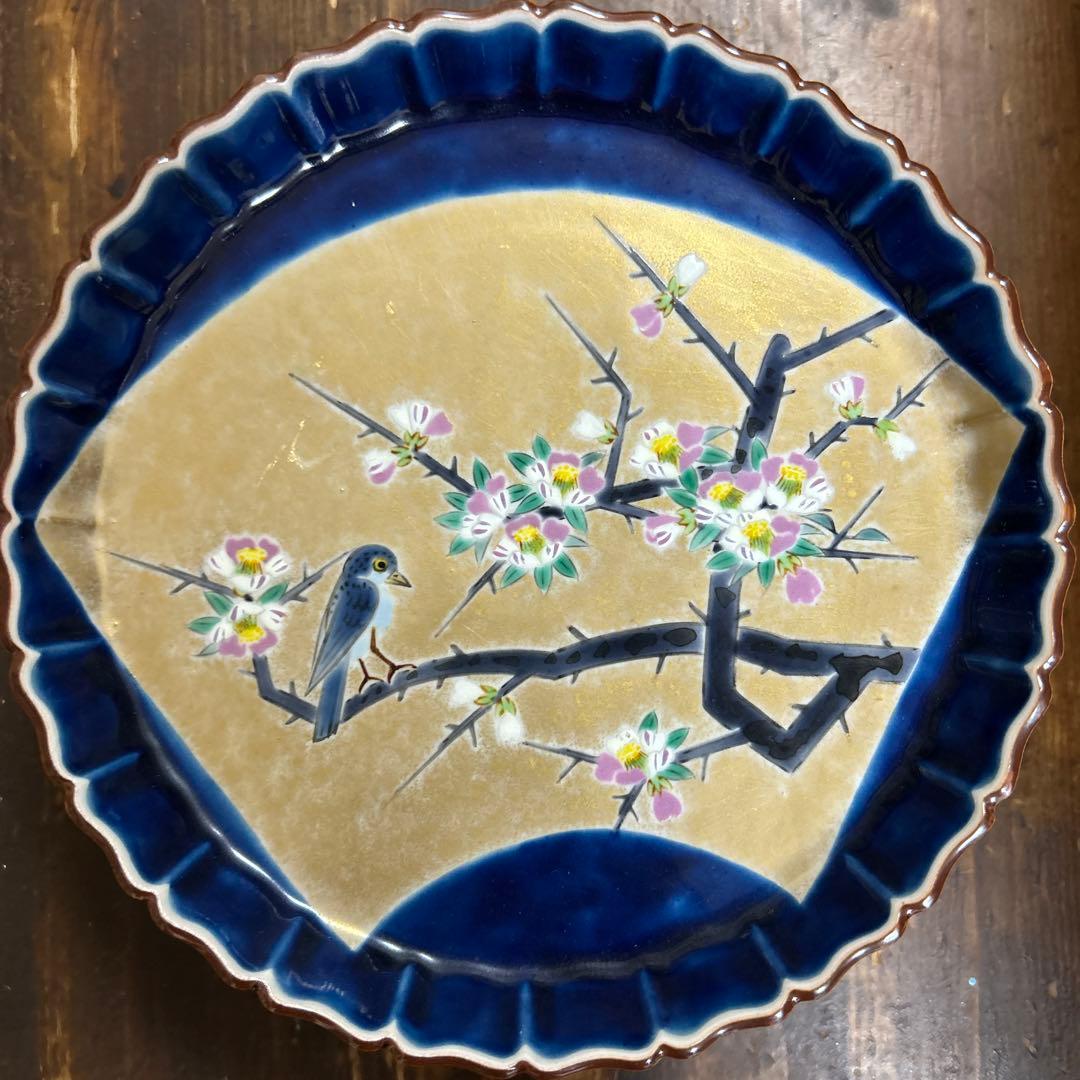 九谷焼　名工　藤村正美　扇面花鳥　金彩　手描き　銘々皿　季節の飾り皿　正月　お節