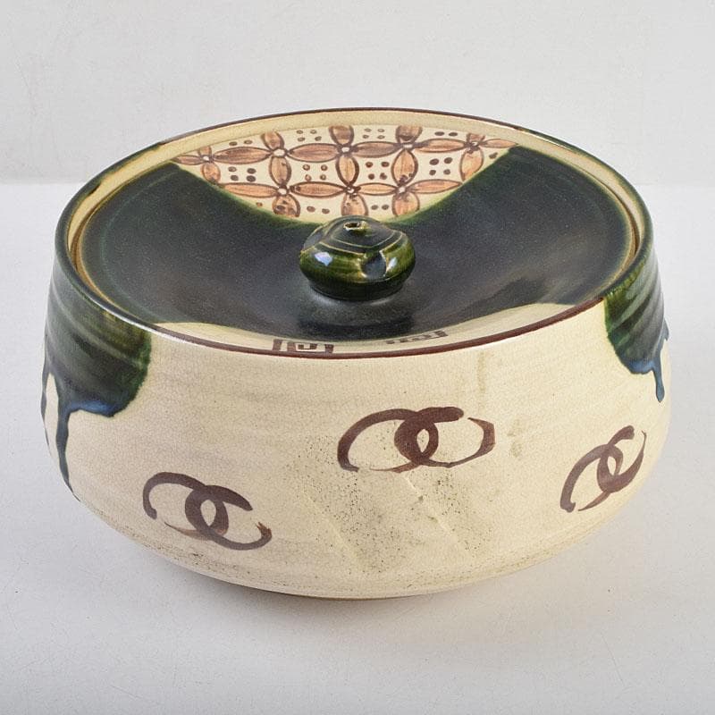 茶道具　人間国宝　荒川豊蔵作　青織部　平水指　方谷浩明極め箱　D　R9278B