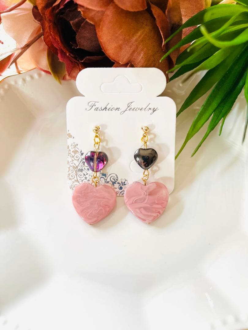 NO.97 ピアス　イヤリング　チャーム　ダブルハートビーズ