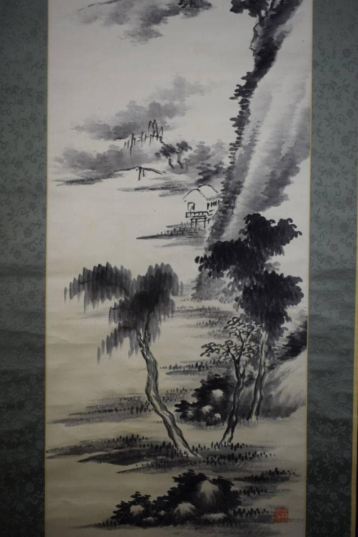 真作/田中柏陰/山水画賛/絹表装/布袋屋掛軸HH-672