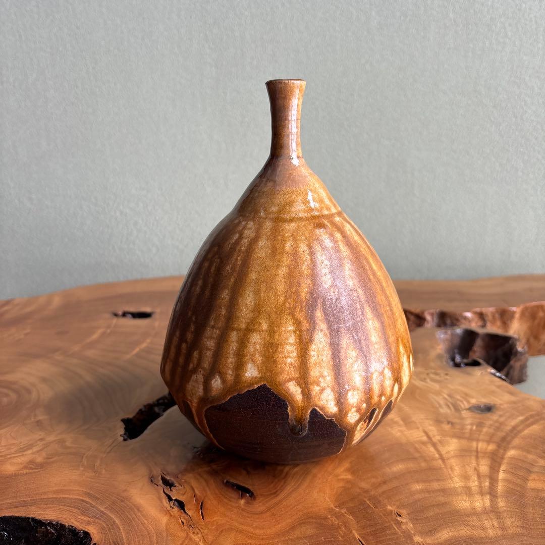 黄瀬戸花入 小崎一陽造 一輪挿し 共箱 20.5cm