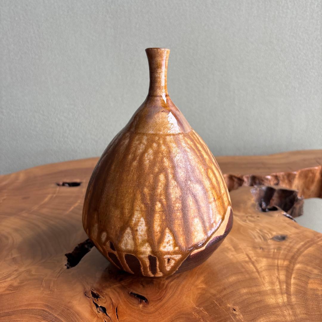 黄瀬戸花入 小崎一陽造 一輪挿し 共箱 20.5cm