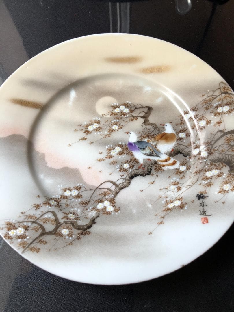 オールドノリタケ 金彩プレート③鈴木造　月と桜と鳥の絵図