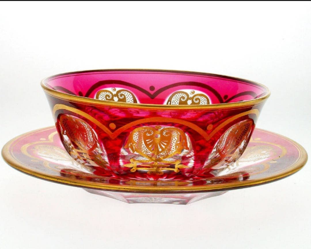 オールドバカラ　赤　金赤金彩帝政様式装飾紋　ラージボール&プレート　アンティーク