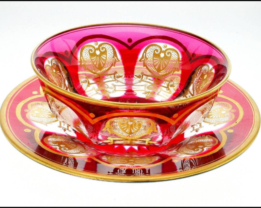 オールドバカラ　赤　金赤金彩帝政様式装飾紋　ラージボール&プレート　アンティーク