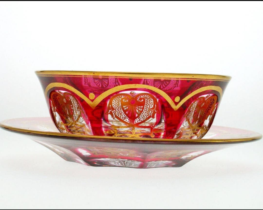 オールドバカラ　赤　金赤金彩帝政様式装飾紋　ラージボール&プレート　アンティーク