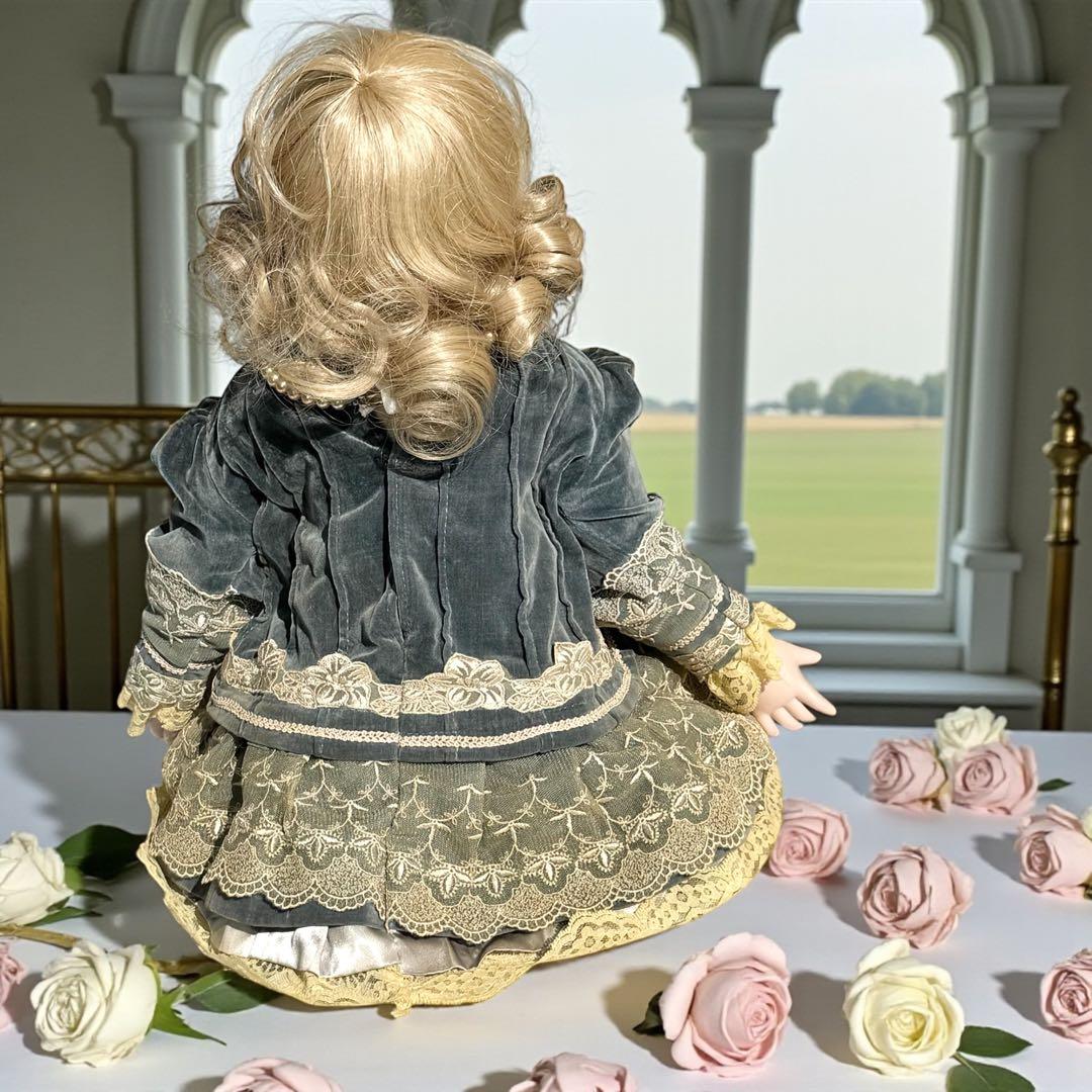 ビスクドール ジュモー ブルー ベルベットドレス ボネ バッグ カメオ