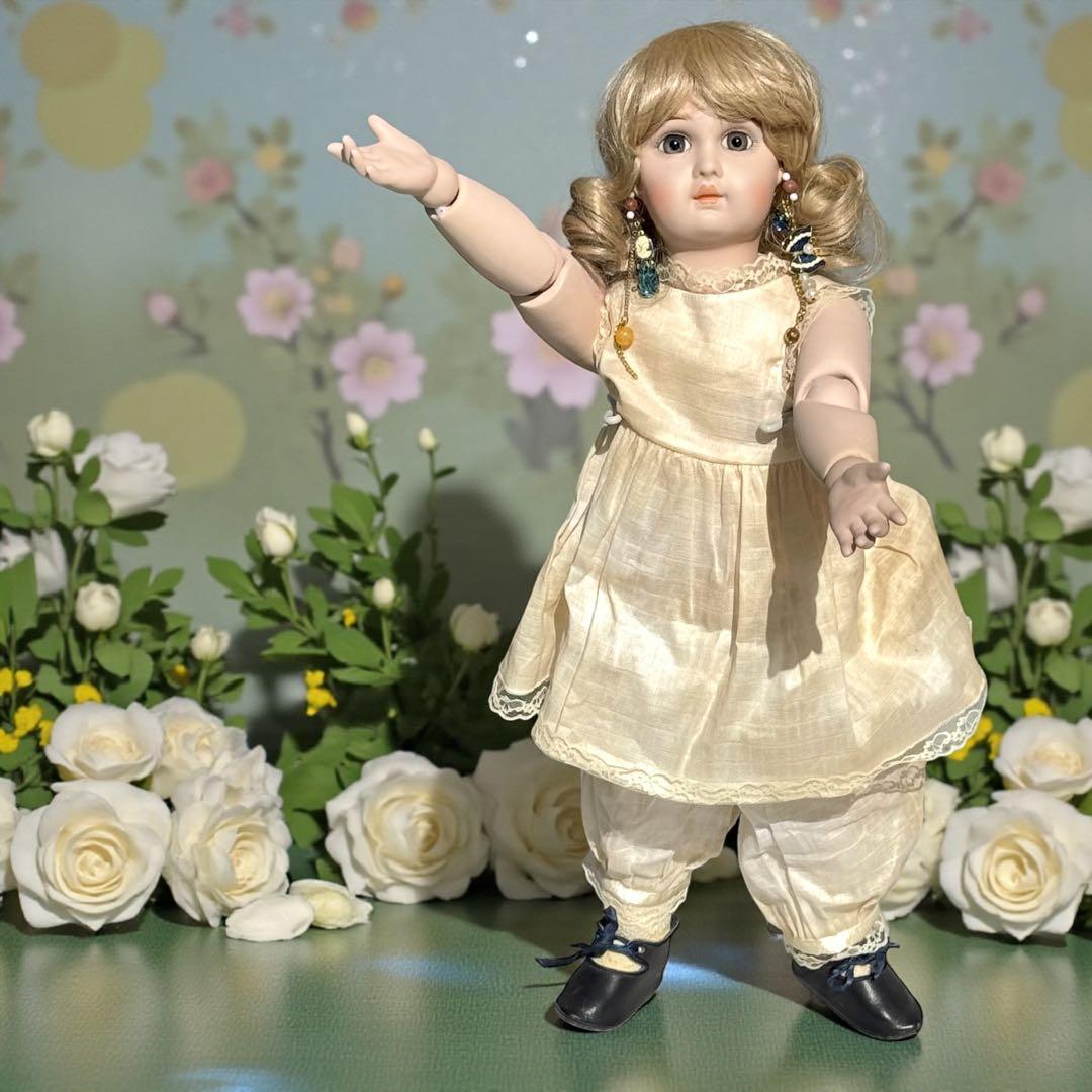 ビスクドール ジュモー ブルー ベルベットドレス ボネ バッグ カメオ