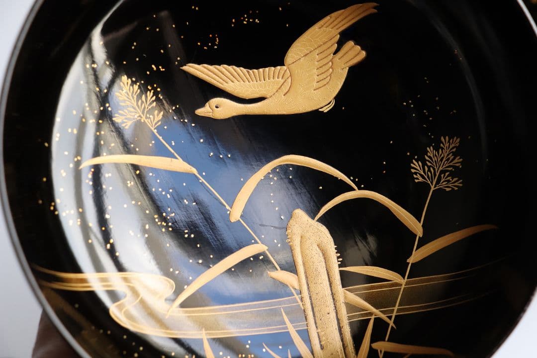 CL63 加賀蒔絵 月に雁 金蒔絵 黒塗煮物椀 二客 木製漆器 梨地 鳥 芦