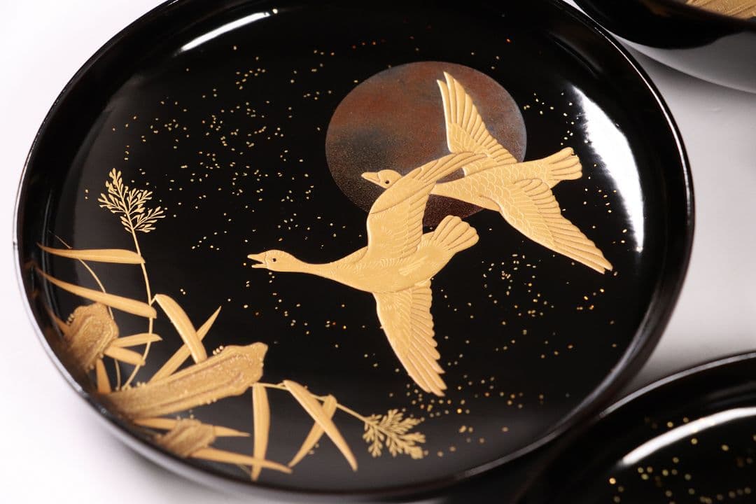 CL63 加賀蒔絵 月に雁 金蒔絵 黒塗煮物椀 二客 木製漆器 梨地 鳥 芦