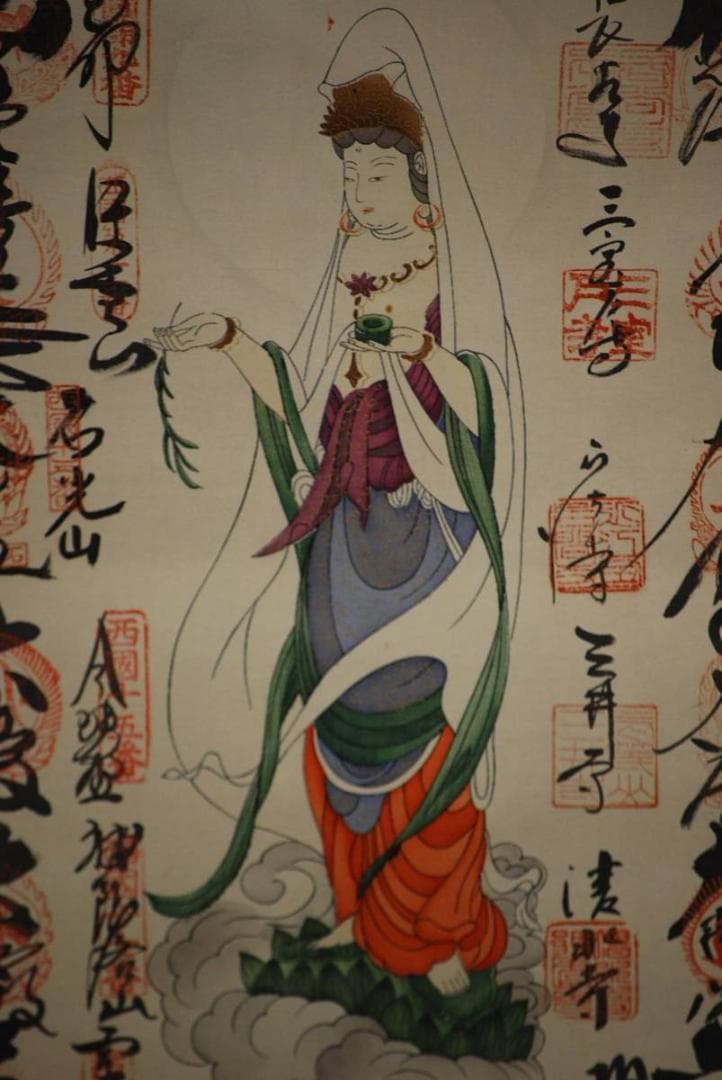 真作/西国三十三ヶ所/三十三ヵ所霊場集印肉筆掛軸/布袋屋掛軸HE-788