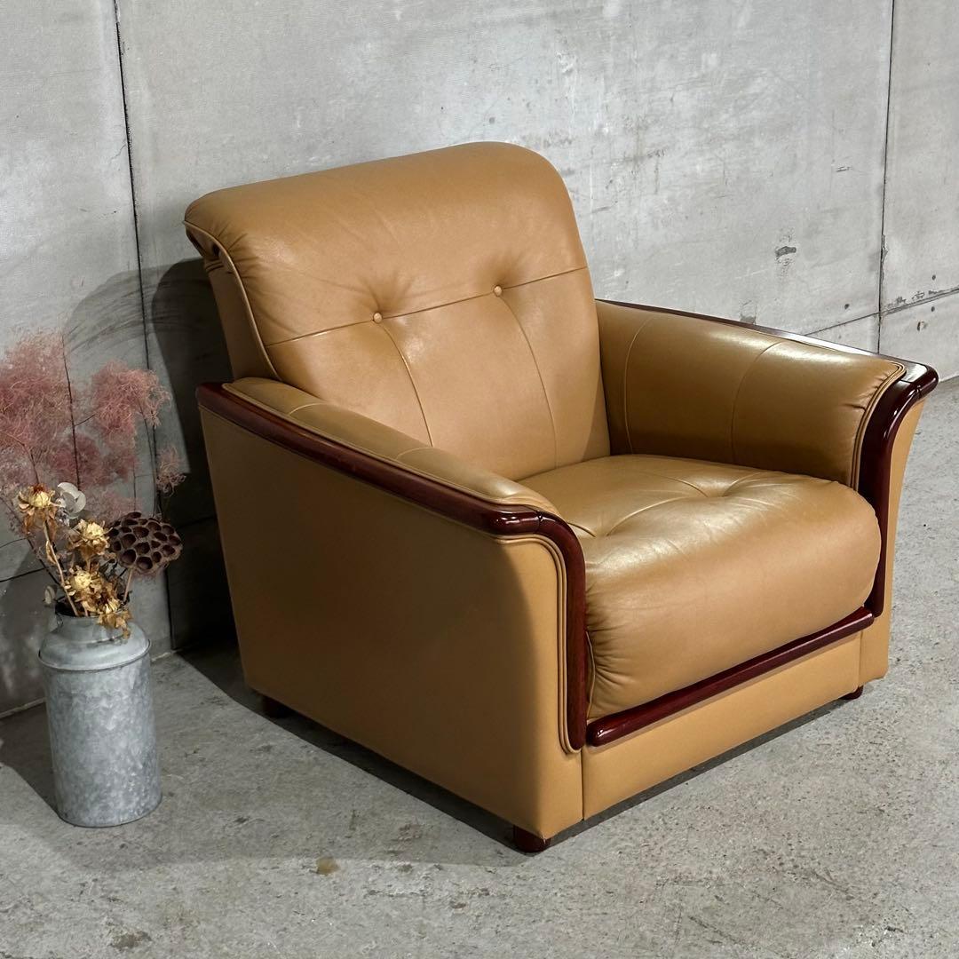 ✦昭和レトロ✦ミッドセンチュリー 1人掛けソファー木製フレーム ベージュ合成皮革