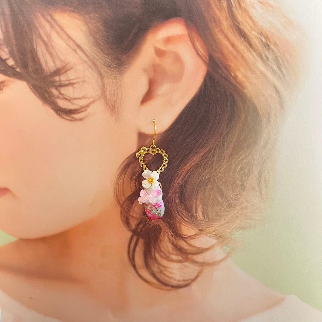 ฅ❤️ ねこ　猫　レジン　花　ピアス　パール　イヤリング　ハンドメイド　ピアス