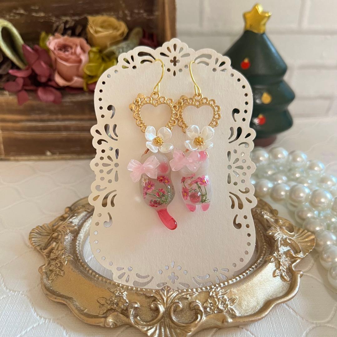 ฅ❤️ ねこ　猫　レジン　花　ピアス　パール　イヤリング　ハンドメイド　ピアス