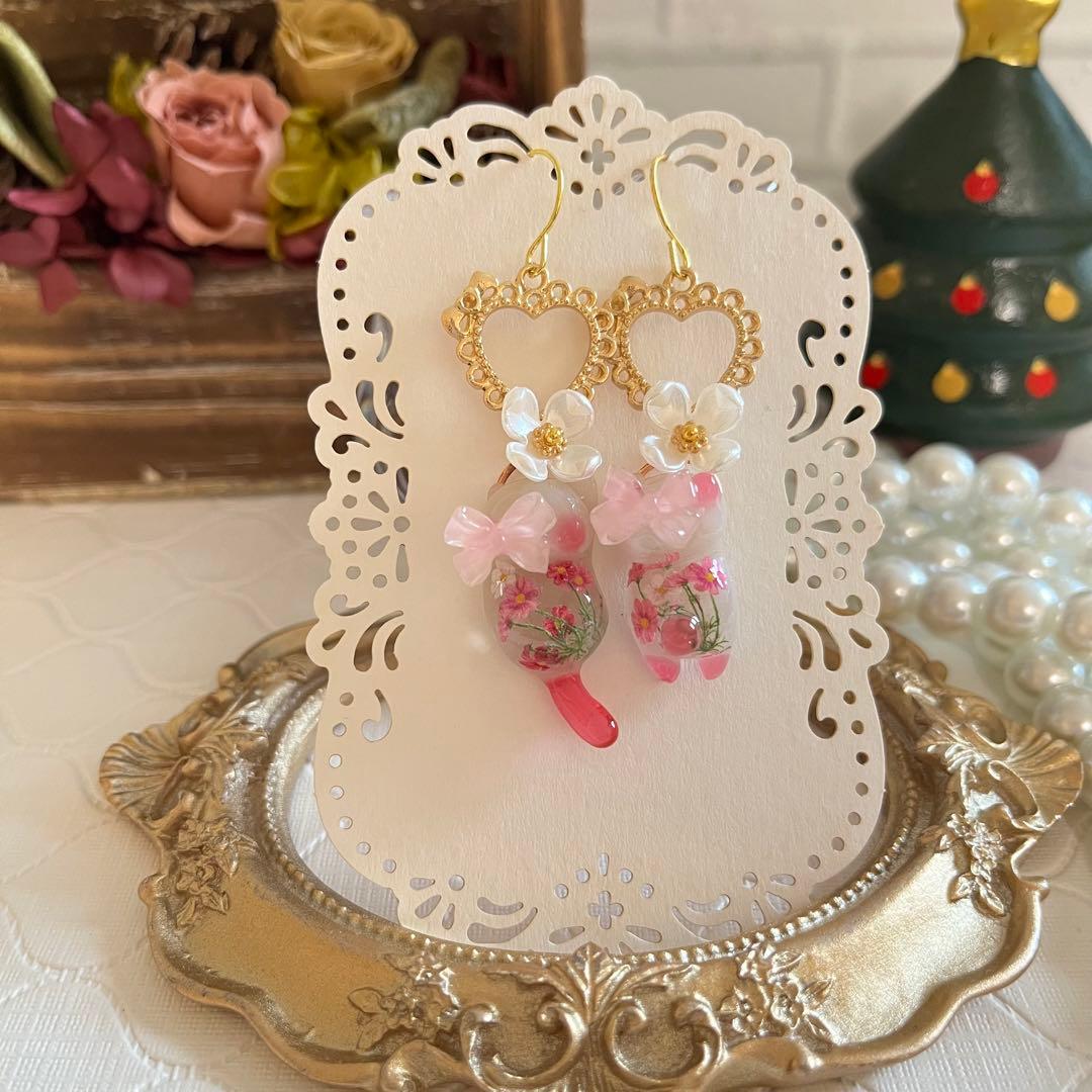 ฅ❤️ ねこ　猫　レジン　花　ピアス　パール　イヤリング　ハンドメイド　ピアス