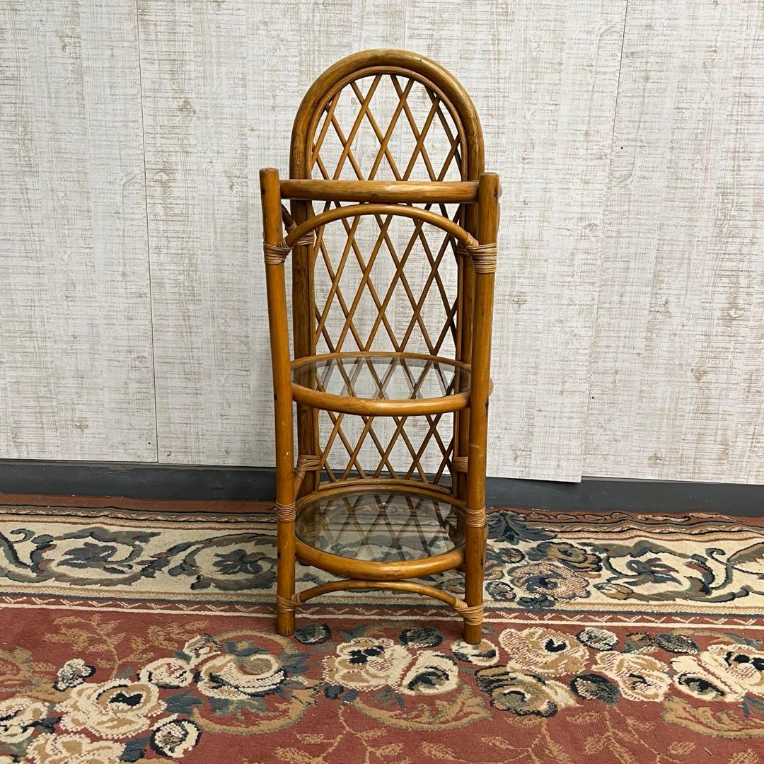 【アンティーク】籐 ラタン 3段 ガラス天板 ラック 飾り棚 収納棚 シェルフ