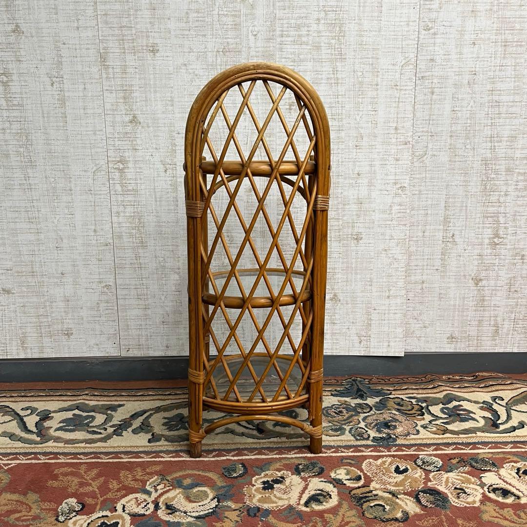 【アンティーク】籐 ラタン 3段 ガラス天板 ラック 飾り棚 収納棚 シェルフ