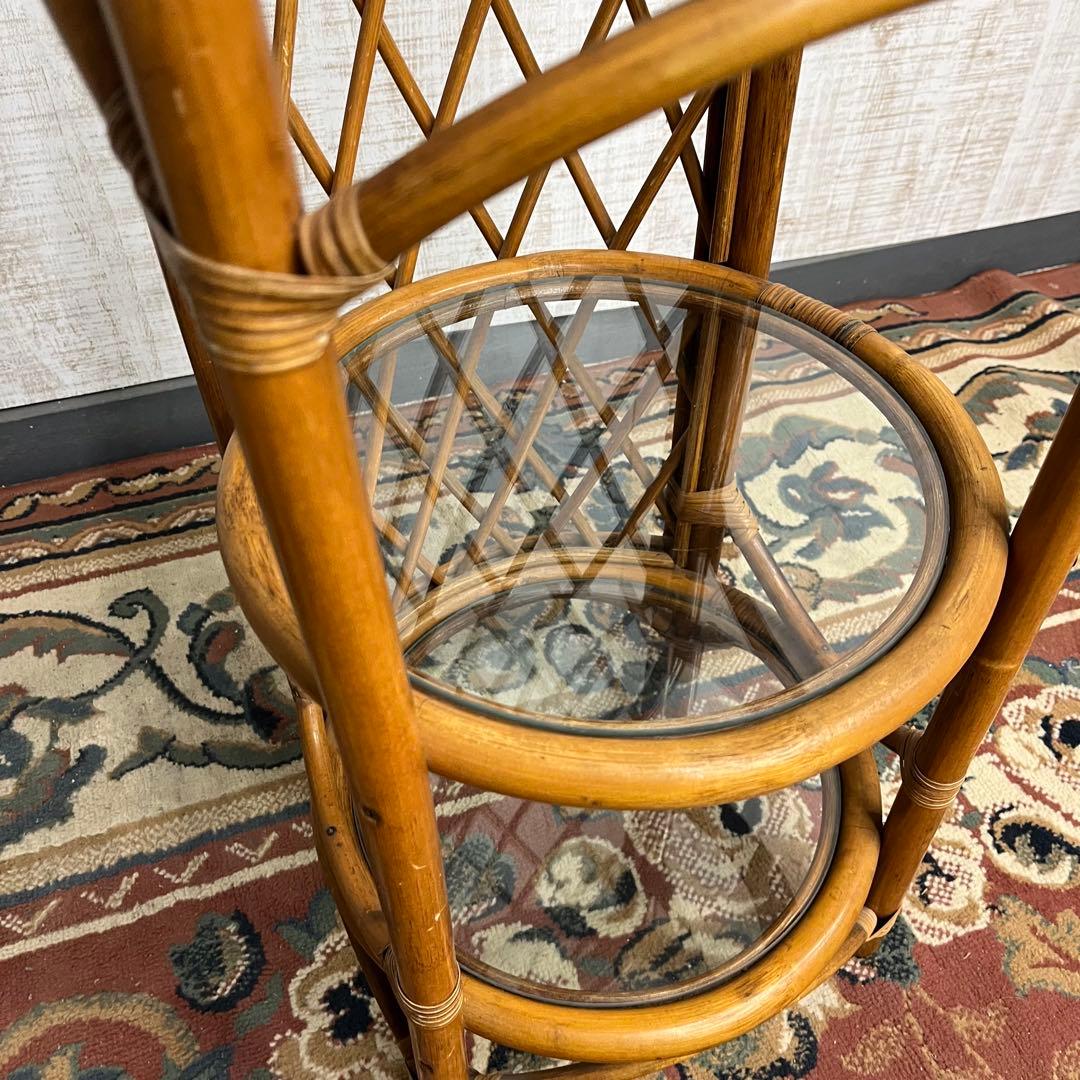 【アンティーク】籐 ラタン 3段 ガラス天板 ラック 飾り棚 収納棚 シェルフ