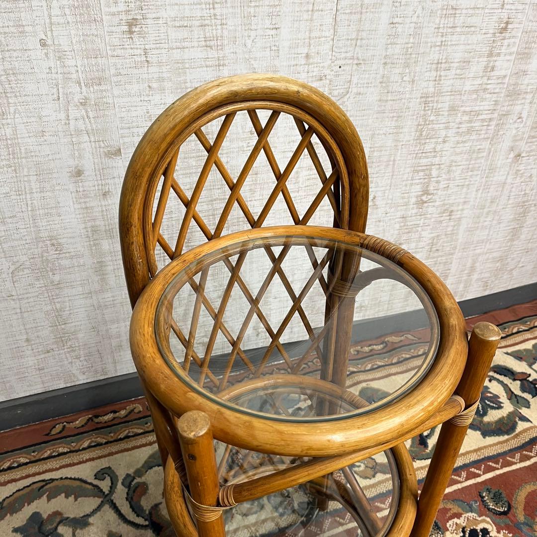 【アンティーク】籐 ラタン 3段 ガラス天板 ラック 飾り棚 収納棚 シェルフ