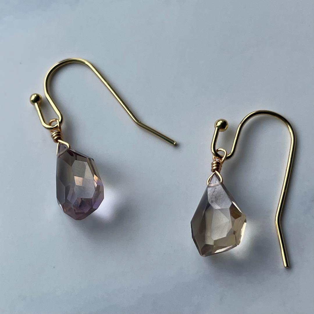 ラフカット アメトリン 一粒 シンプル ミニ フック ピアス 14kgf