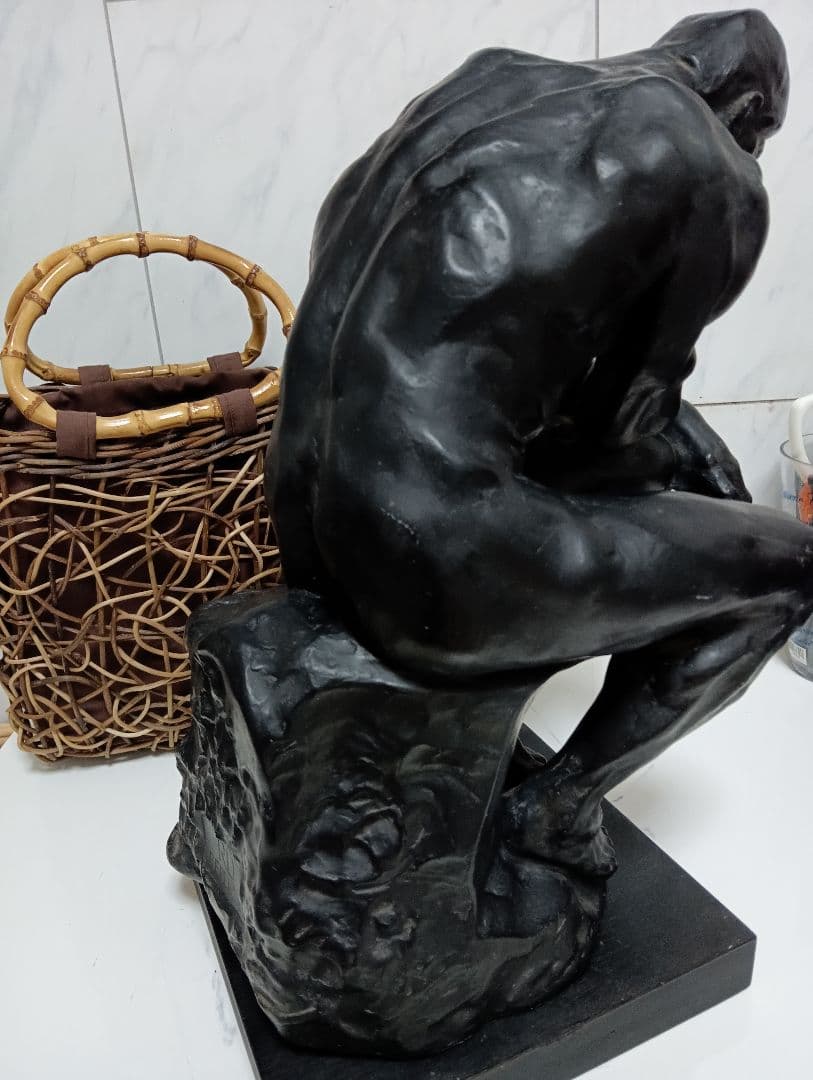 オーギュスト・ロダン稀少高さ４０センチ「考える人」モチーフ木彫美術彫刻飾り置物