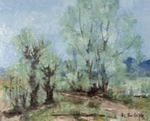 真作】絵画 笹谷幸吉 油彩8号 五月晴れ 緑の木立と穏やかな自然 W11