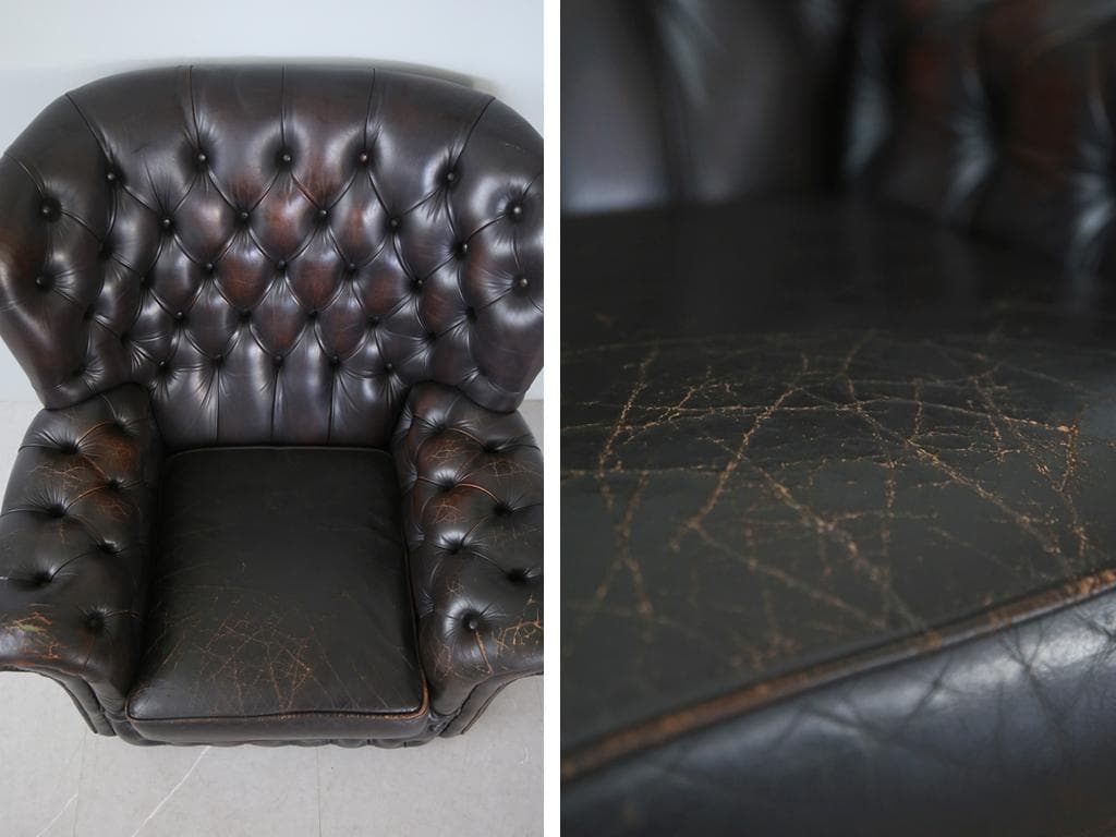 英国アンティークチェスターフィールドアームチェア/本革レザーソファー89-187