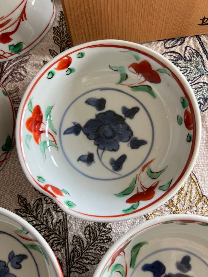 須田菁華　九谷焼　呉州赤絵牡丹文小鉢x 5客 共箱
