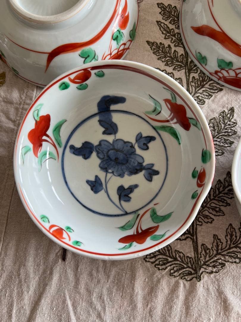 須田菁華　九谷焼　呉州赤絵牡丹文小鉢x 5客 共箱