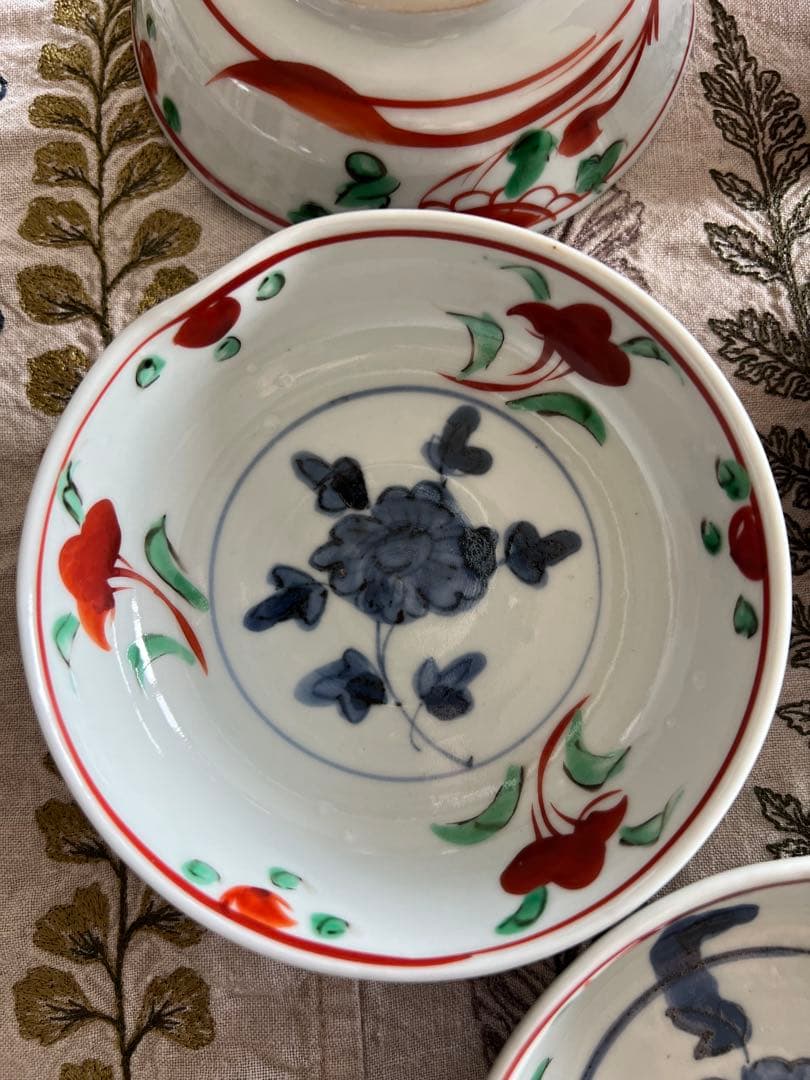 須田菁華　九谷焼　呉州赤絵牡丹文小鉢x 5客 共箱