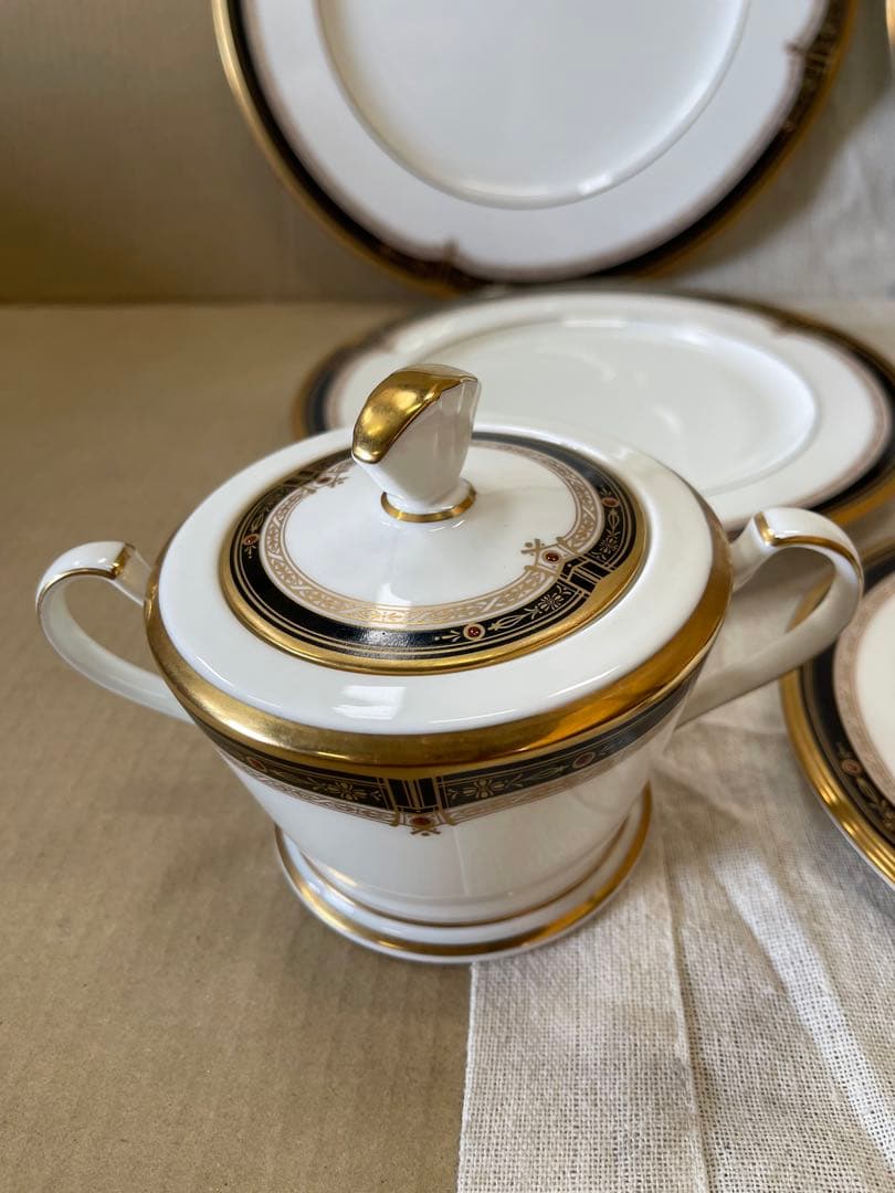 088 オールドノリタケ　瑠璃片葉金蝕　皿5 シュガーボウル1 カップ1 金彩