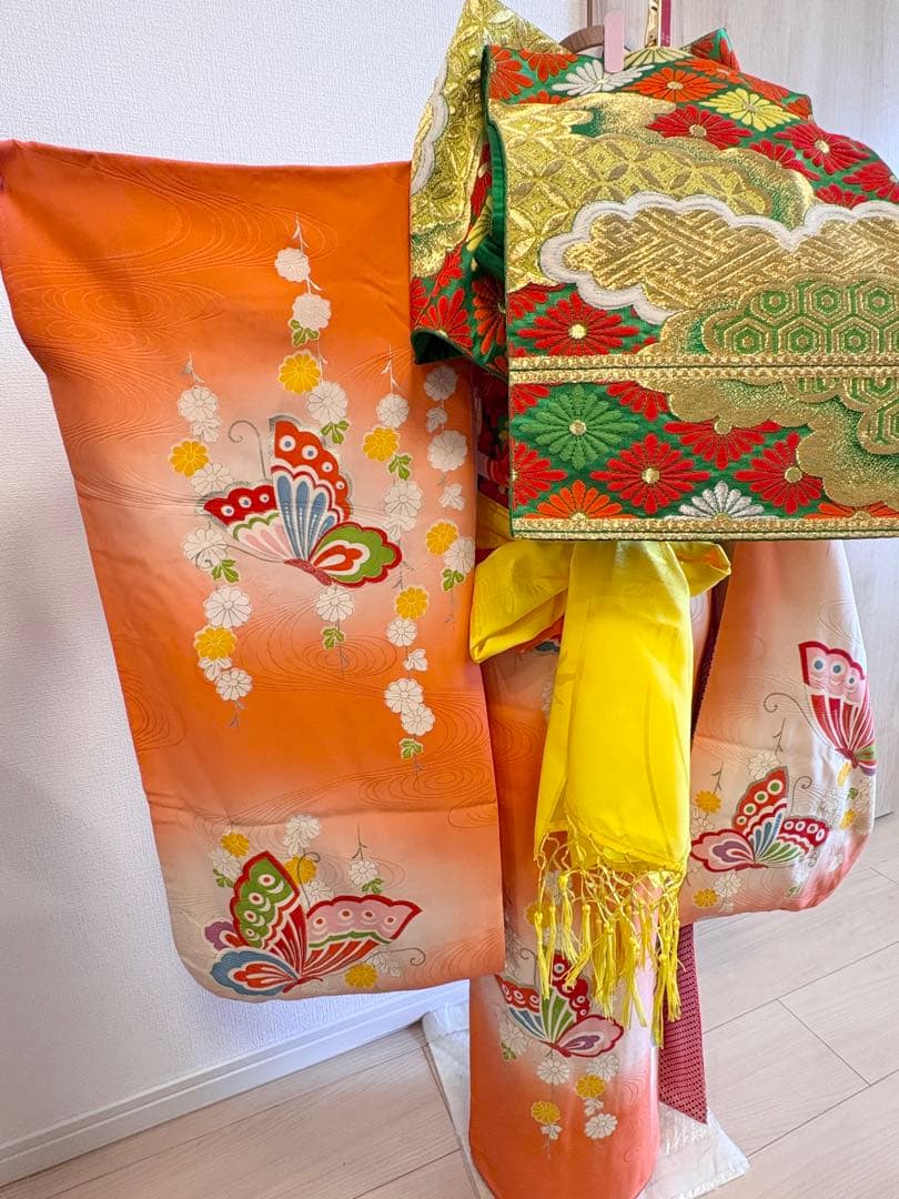 七五三 7歳祝い着セット 正絹 オレンジ 蝶 ヴィンテージ M2509081