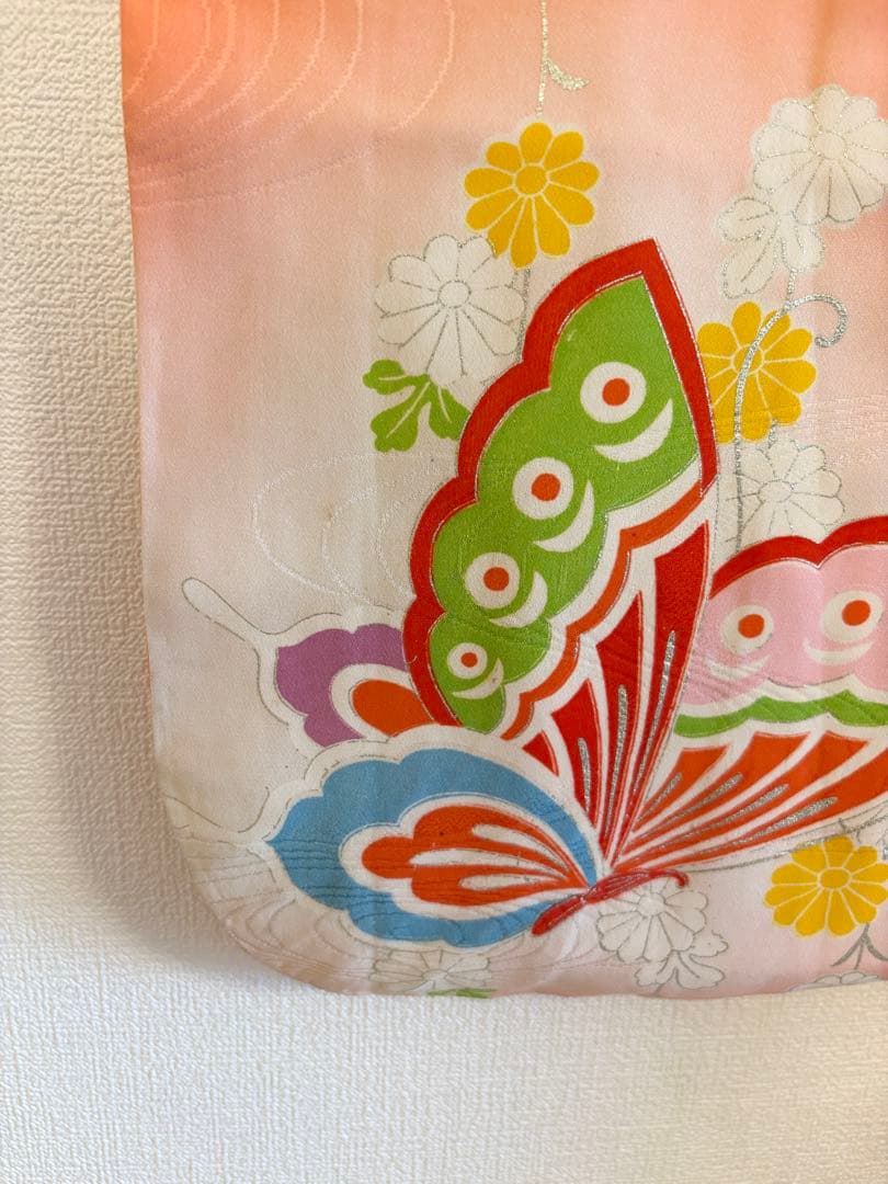 七五三 7歳祝い着セット 正絹 オレンジ 蝶 ヴィンテージ M2509081