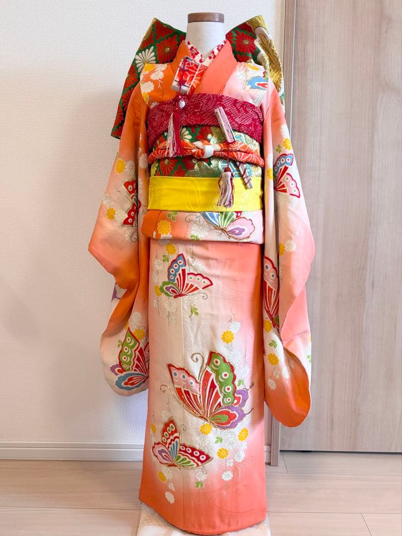 七五三 7歳祝い着セット 正絹 オレンジ 蝶 ヴィンテージ M2509081