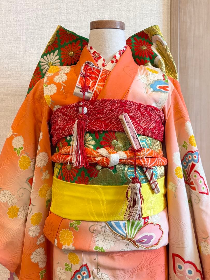 七五三 7歳祝い着セット 正絹 オレンジ 蝶 ヴィンテージ M2509081