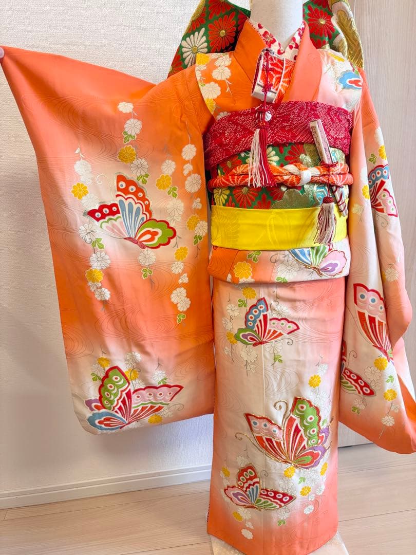 七五三 7歳祝い着セット 正絹 オレンジ 蝶 ヴィンテージ M2509081