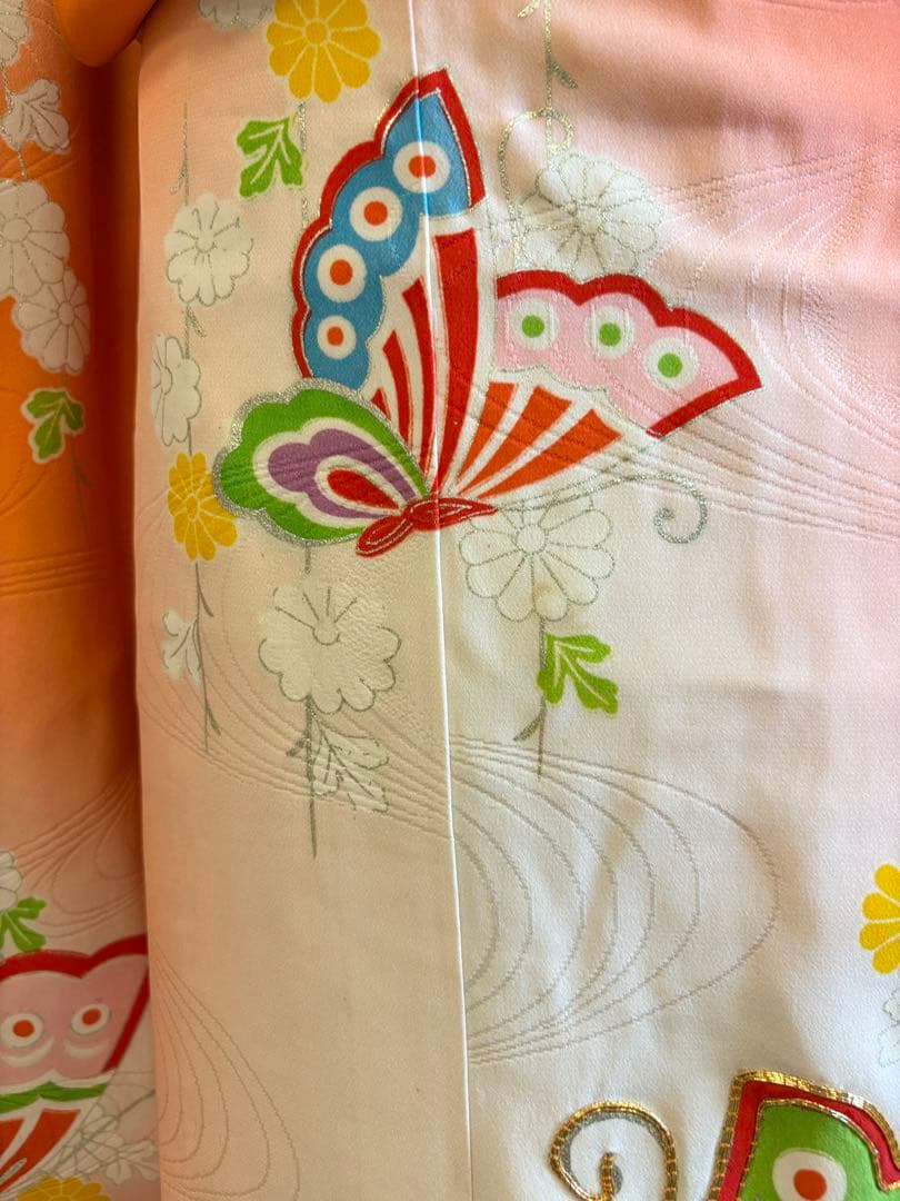 七五三 7歳祝い着セット 正絹 オレンジ 蝶 ヴィンテージ M2509081