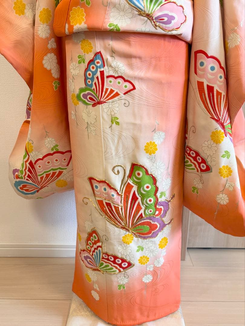 七五三 7歳祝い着セット 正絹 オレンジ 蝶 ヴィンテージ M2509081