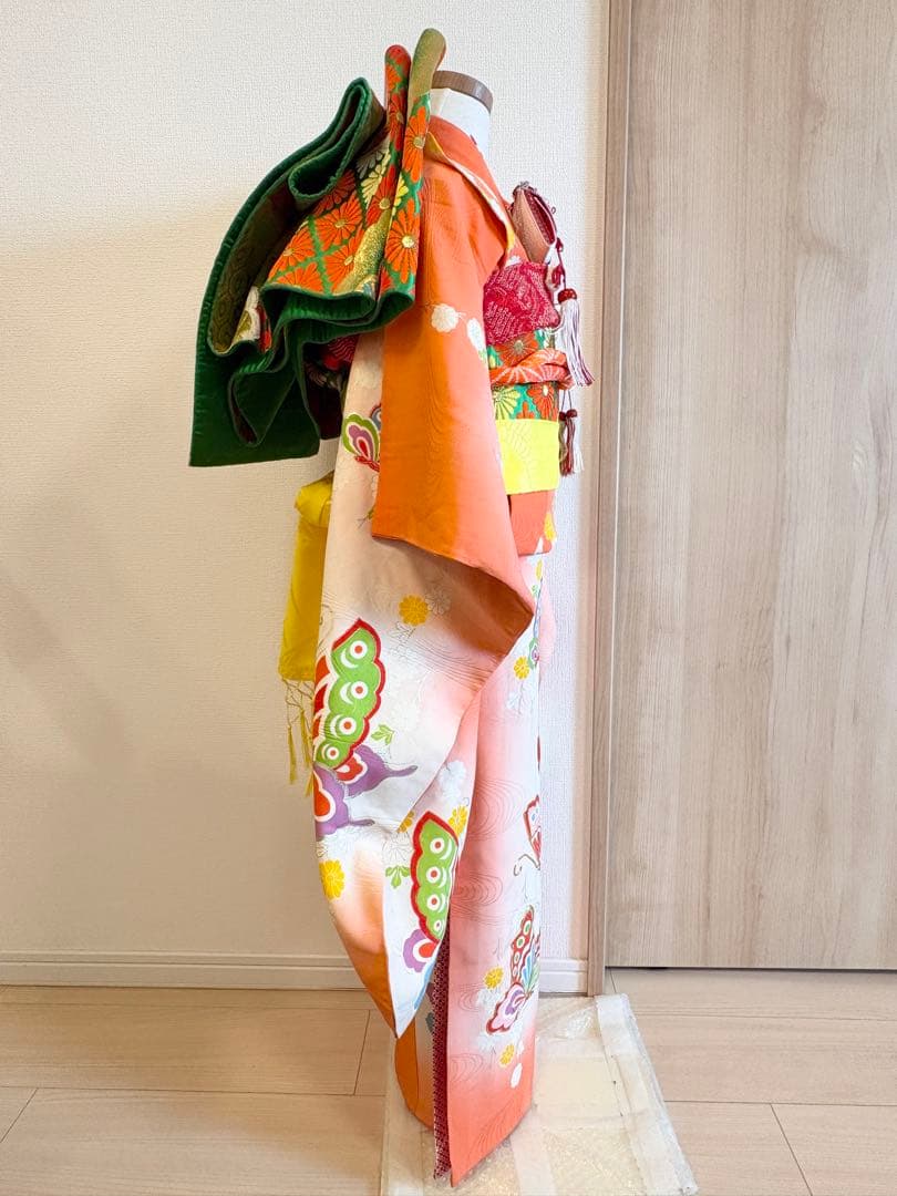 七五三 7歳祝い着セット 正絹 オレンジ 蝶 ヴィンテージ M2509081