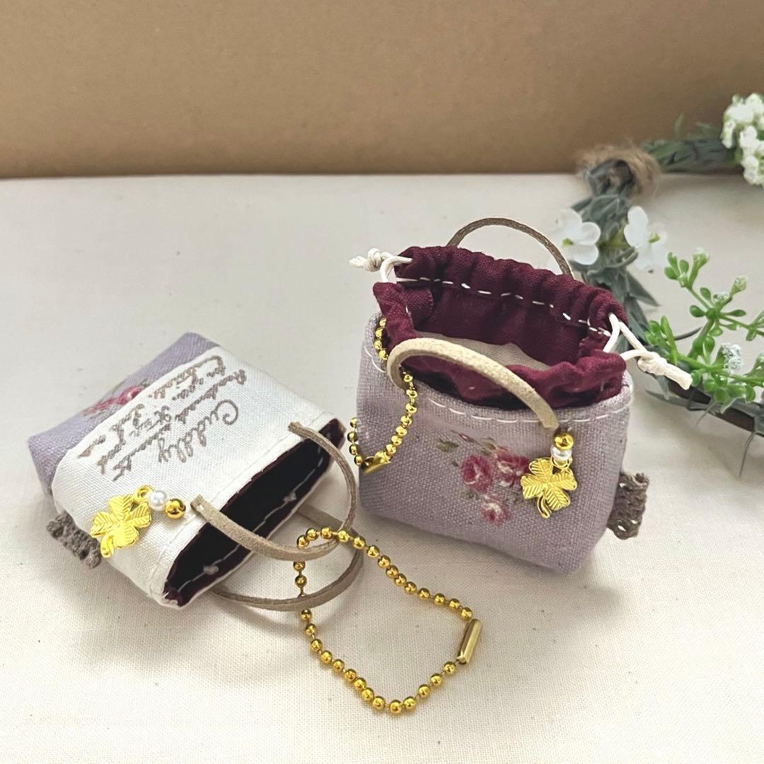 2403-36 ミニチュアトート・巾着トートサシェ 香り袋 2個組 ミニ薔薇 紫