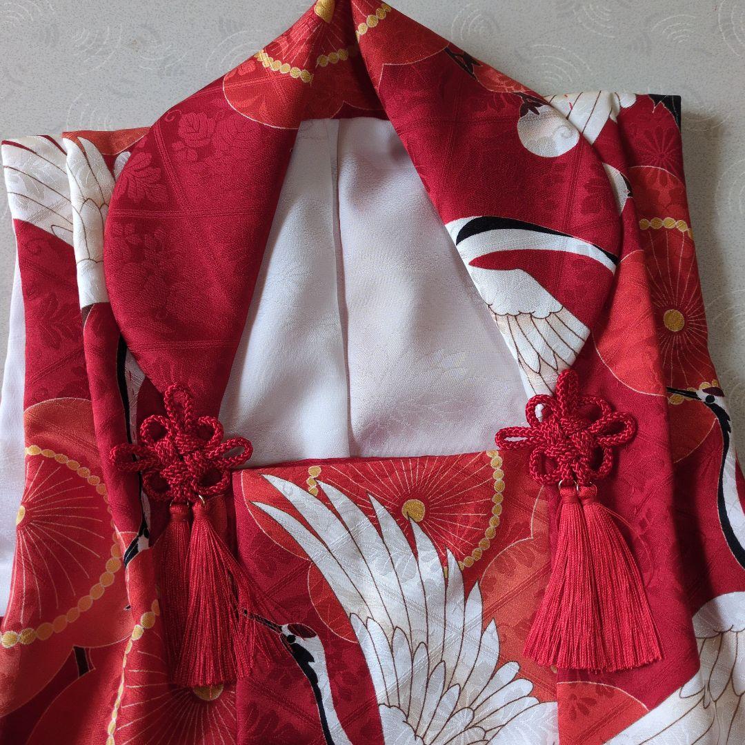 七五三３歳正絹手縫いの被布（中綿無し）赤色鶴柄