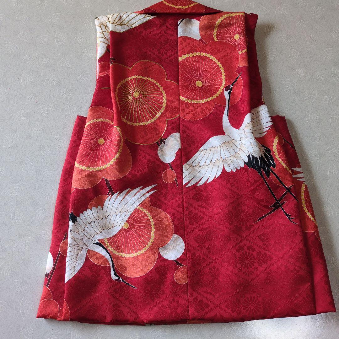 七五三３歳正絹手縫いの被布（中綿無し）赤色鶴柄
