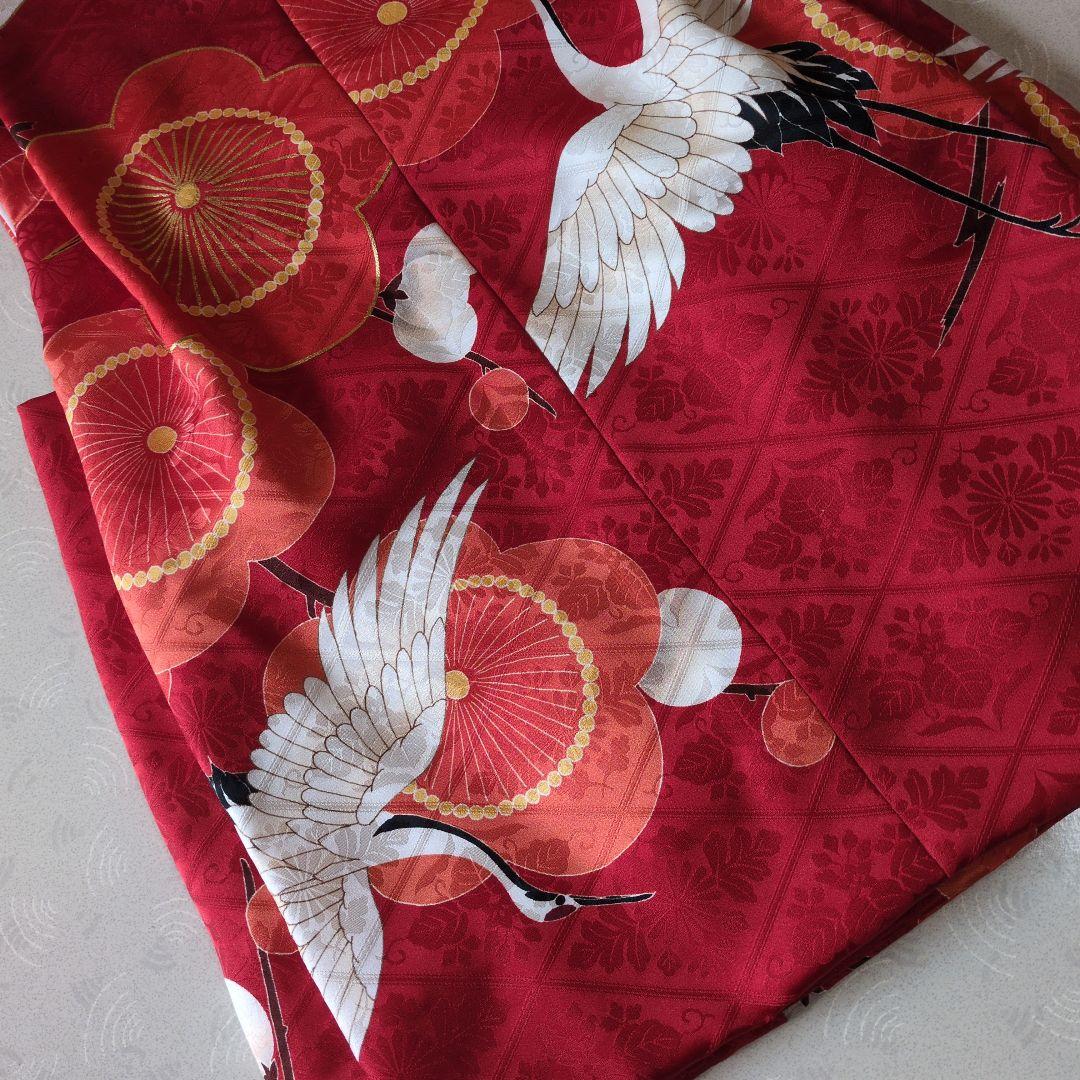 七五三３歳正絹手縫いの被布（中綿無し）赤色鶴柄